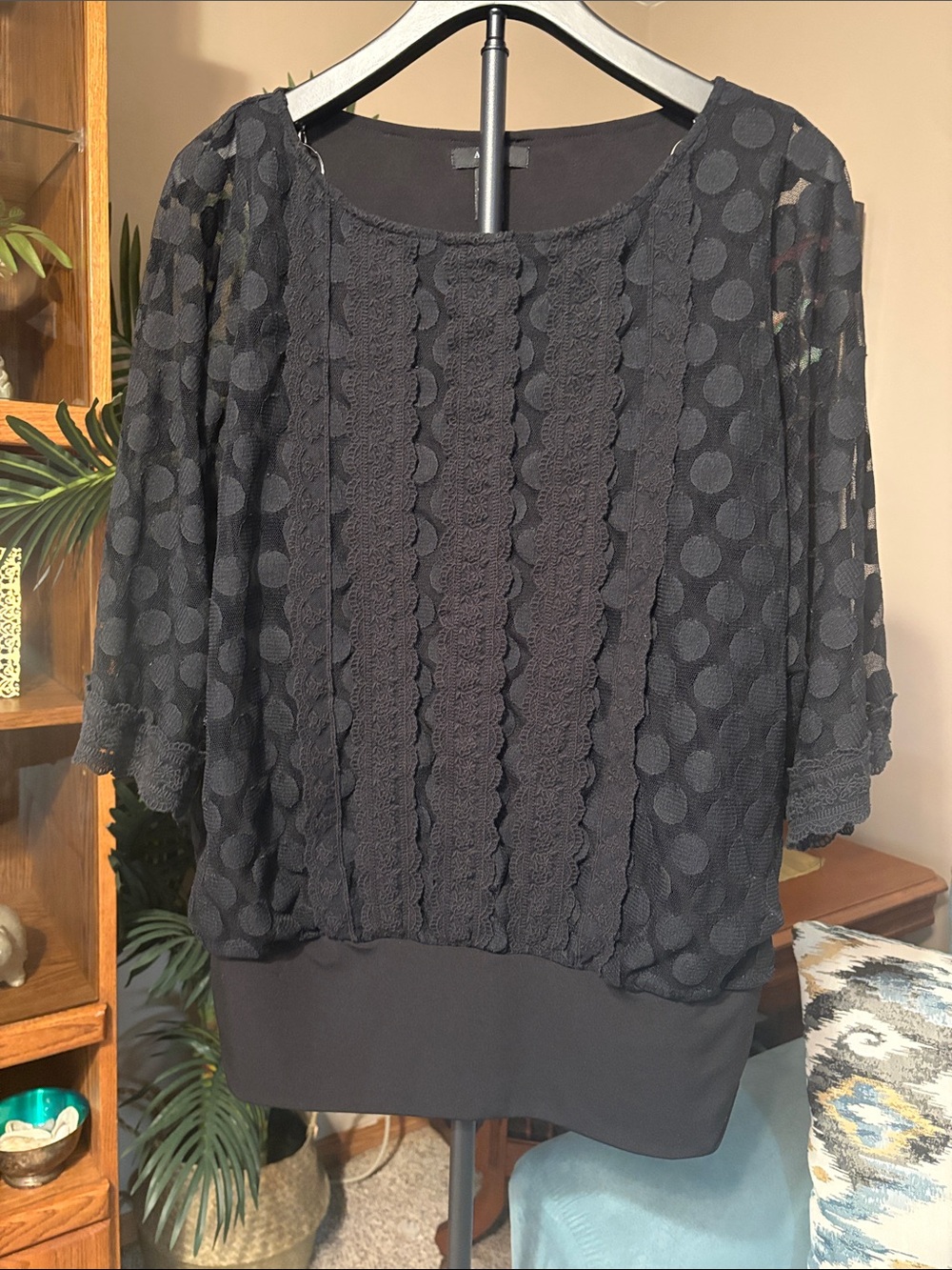 Alfani Black Sheer Dot & Lace Blouson Top